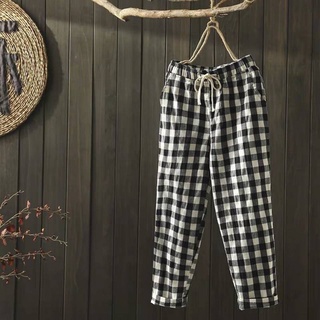 Korean version of black and white plaid Nine -point casual pants women's loose wild trousers Haron pants are thin