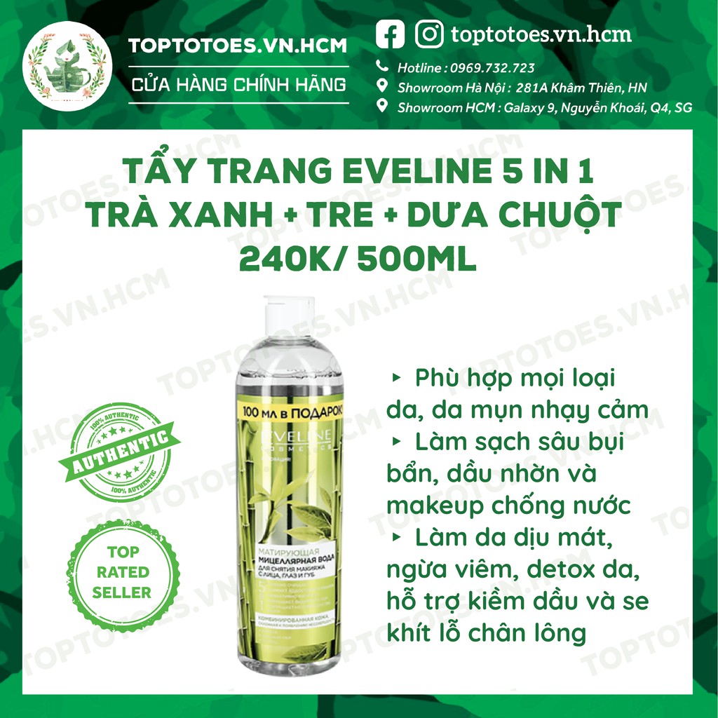 Nước tẩy trang Eveline 5-in-1 Trà xanh + Tre + Dưa chuột cho da dầu mụn, nhạy cảm