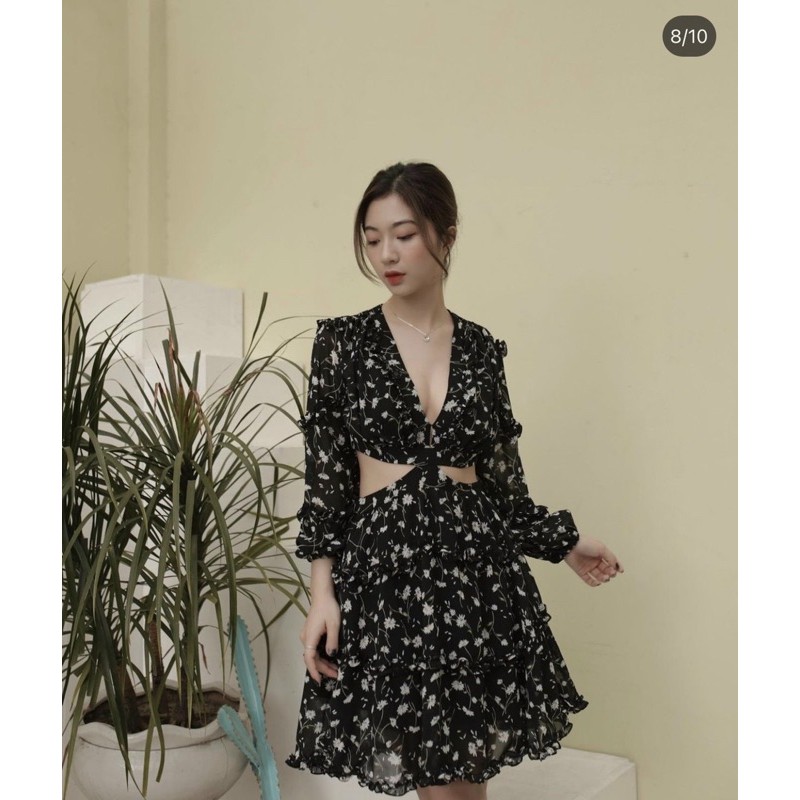 Đầm Hoa Khoét Eo Xoè ( Ảnh Thật)