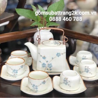 Bộ ấm chén / Bộ bình men kem vẽ hoa mai xanh