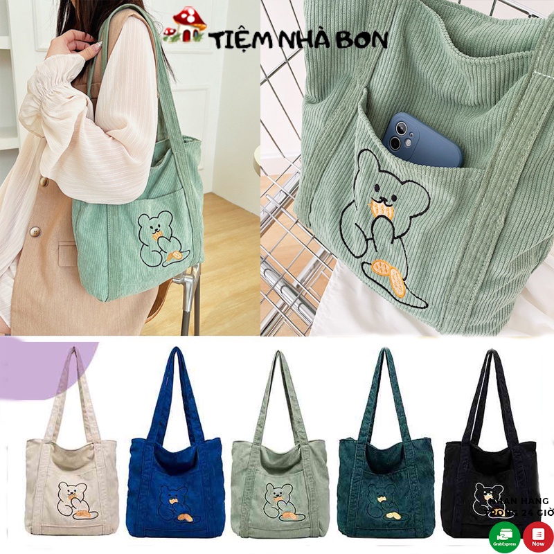 Túi tote vải nhung gân có khóa kéo thời trang Hàn Quốc, Túi vải nữ đeo vai kèm ngăn phụ đi học đi chơi