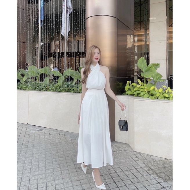 Sét áo cổ yếm kèm chân váy midi TK