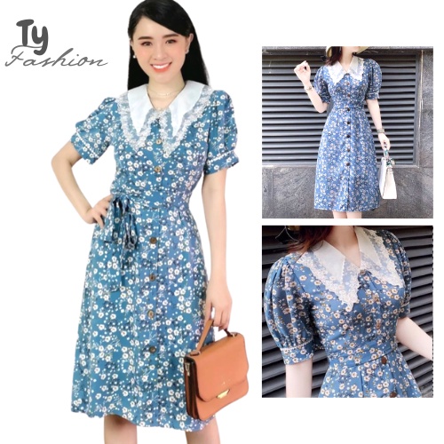 Đầm xòe hoa xanh cổ ren đính nút xinh xắn đi làm dạo phố Flora Dress Petystore full size D007 | BigBuy360 - bigbuy360.vn