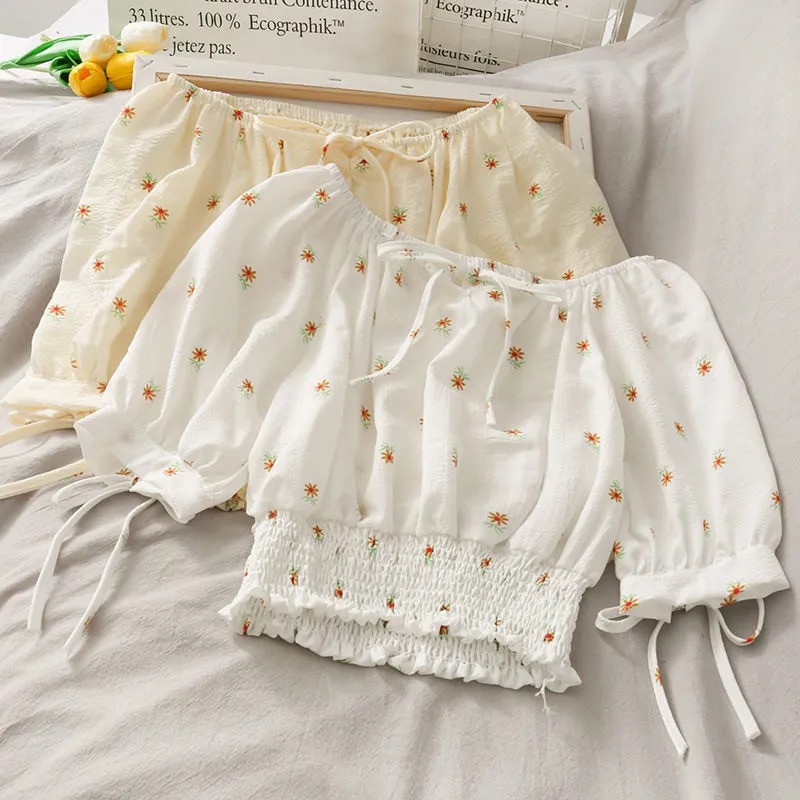 【Timi】 croptop nữ áo kiểu nữ Áo voan xếp ly hoa nhỏ xinh xinh thích