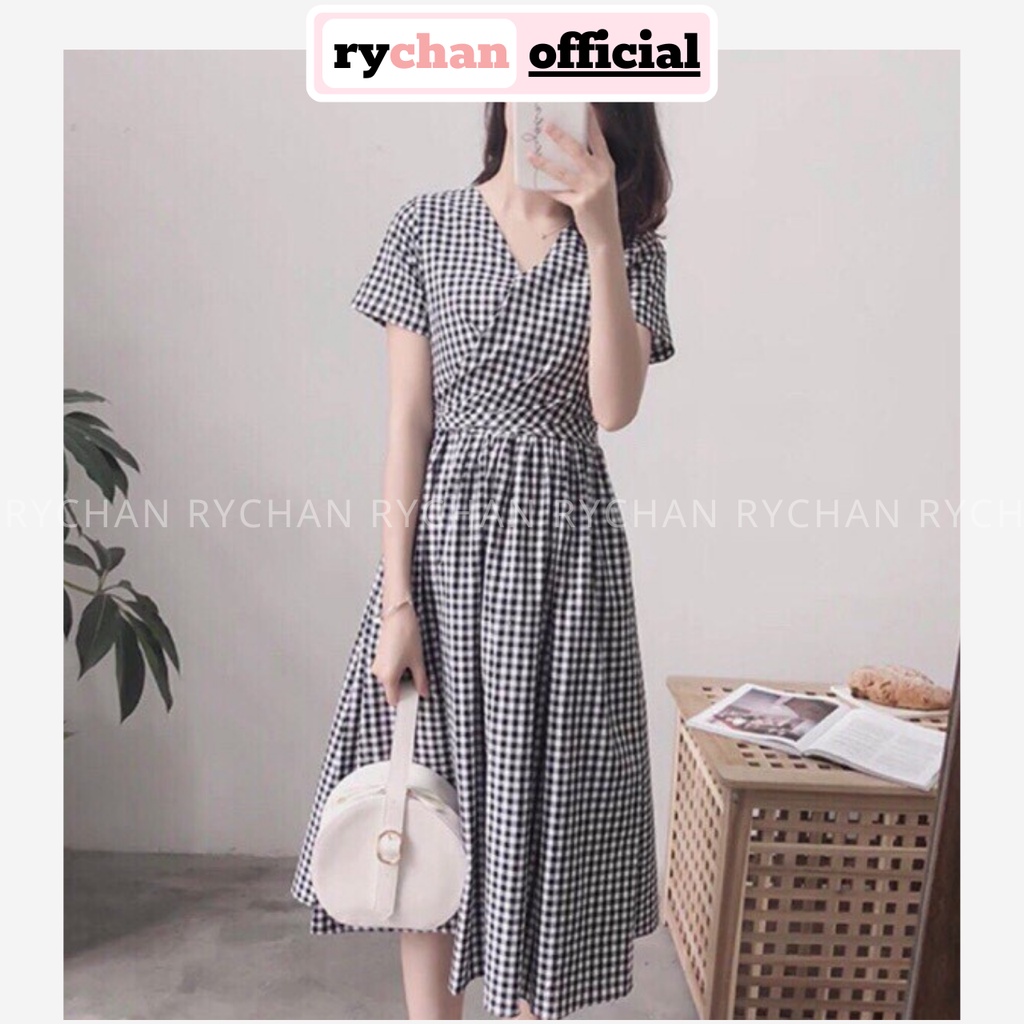 DX627 - Đầm Xòe Caro Đắp Chéo Cột Dây Sau