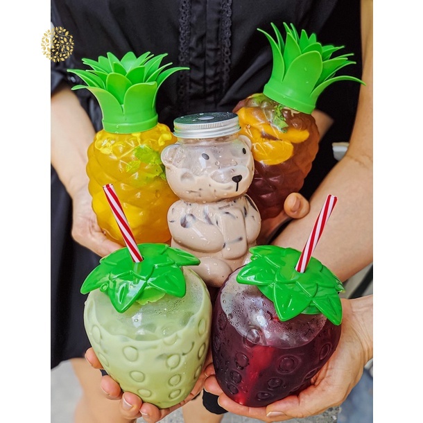 Chai nước trà sữa cà phê PET trong suốt thiết kế gấu hoạt hình 3D 420ml