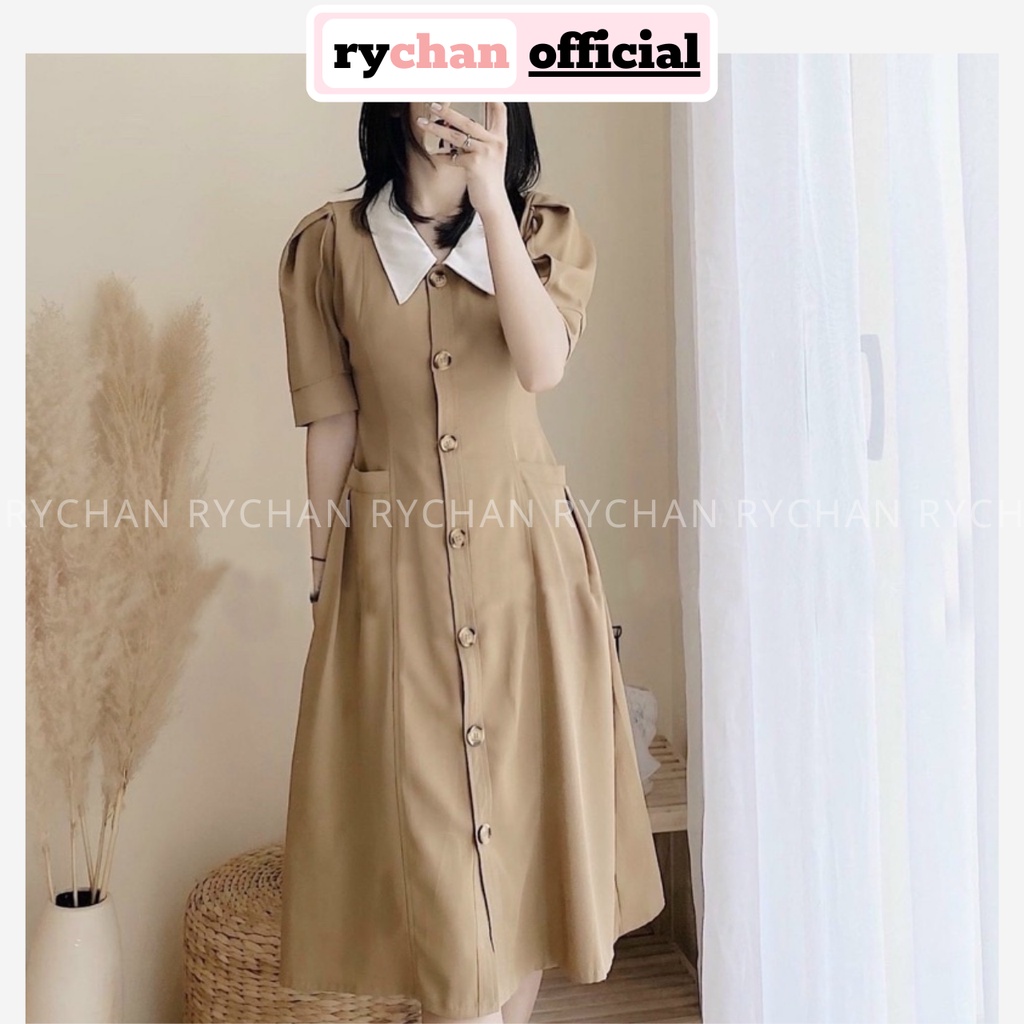 Đầm Nữ Dự Tiệc Sang Trọng Dáng Dài Cổ Trắng Nút Trước Tay Ngắn Bo Eo Cực Thanh Lịch Màu Nude Đen - DX9789