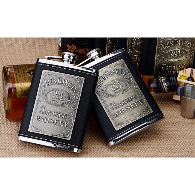 Bình rượu inox Honest 8oz bỏ túi, vỏ bọc da logo Jack Da.niel's