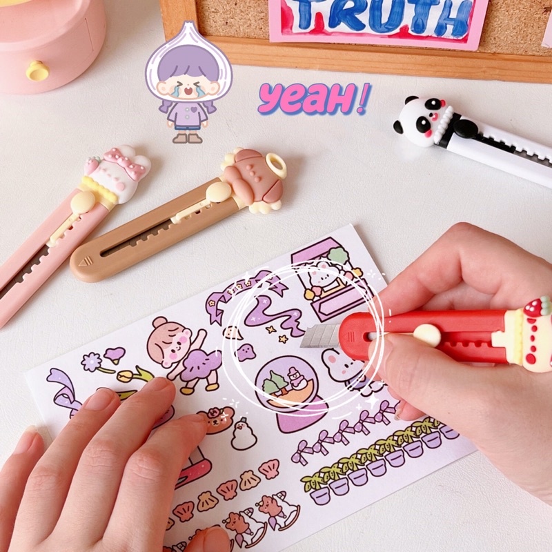 Dao rọc giấy hình thú tiện ích dành cho học sinh, unboxing sticker