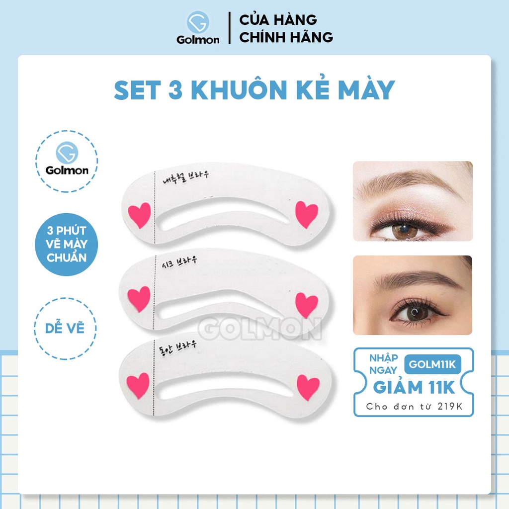 Set 3 khuôn kẻ mày khuôn định hình lông mày kiểu dáng hàn quốc Golmon