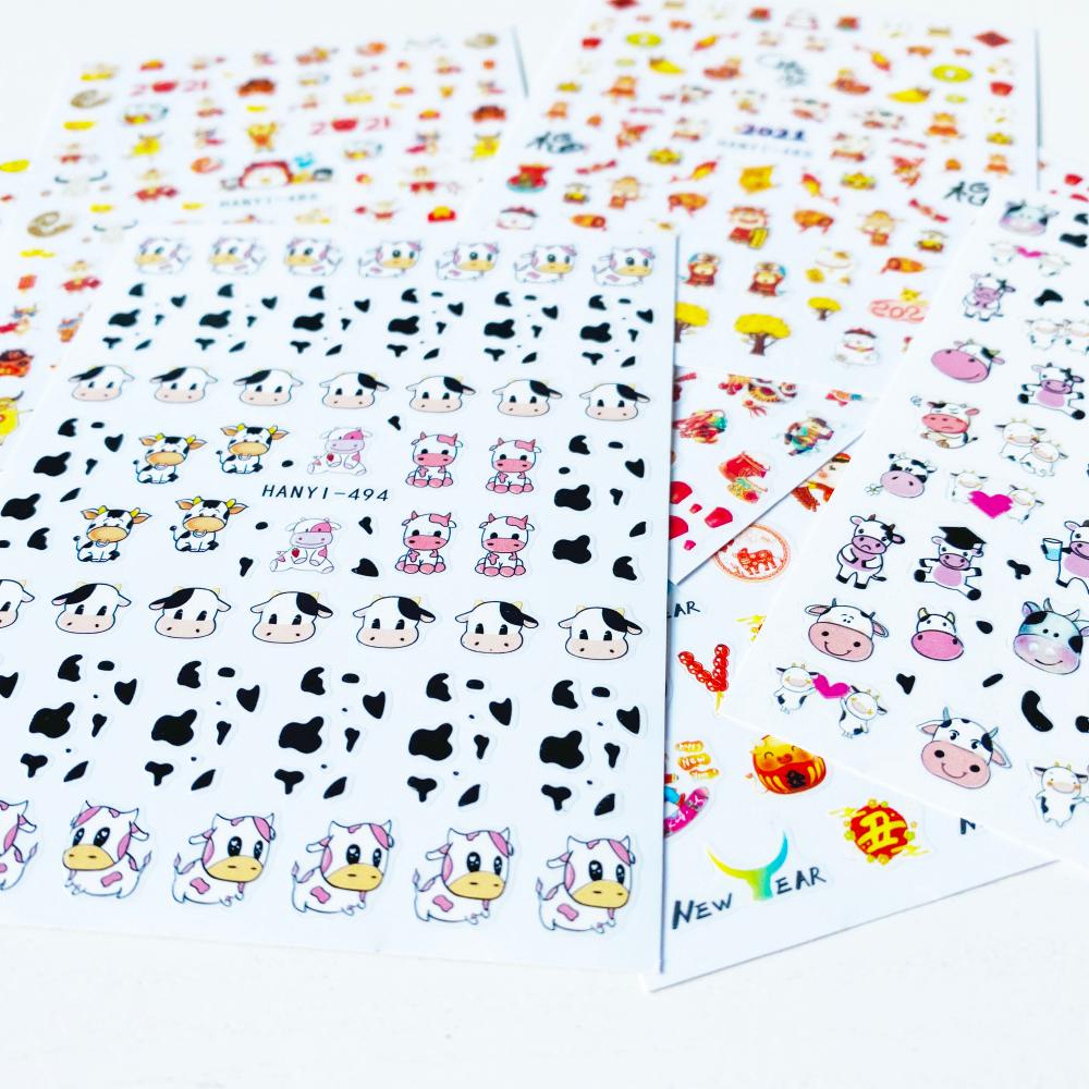 Miếng Dán Trang Trí Móng Tay Tự Dính Họa Tiết Bò Sữa Năm Mới Kiểu Trung Hoa Dễ Thương