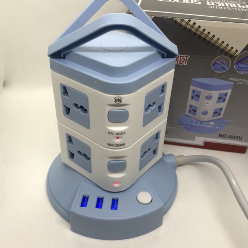 Siêu Tiện Lợi Với Ổ Cắm 2 Tầng Đa Năng 2500W 3 Cổng USB sạc Điện Thoại trức tiếp, 8 Ổ Cắm, công tắc riêng từng tầng