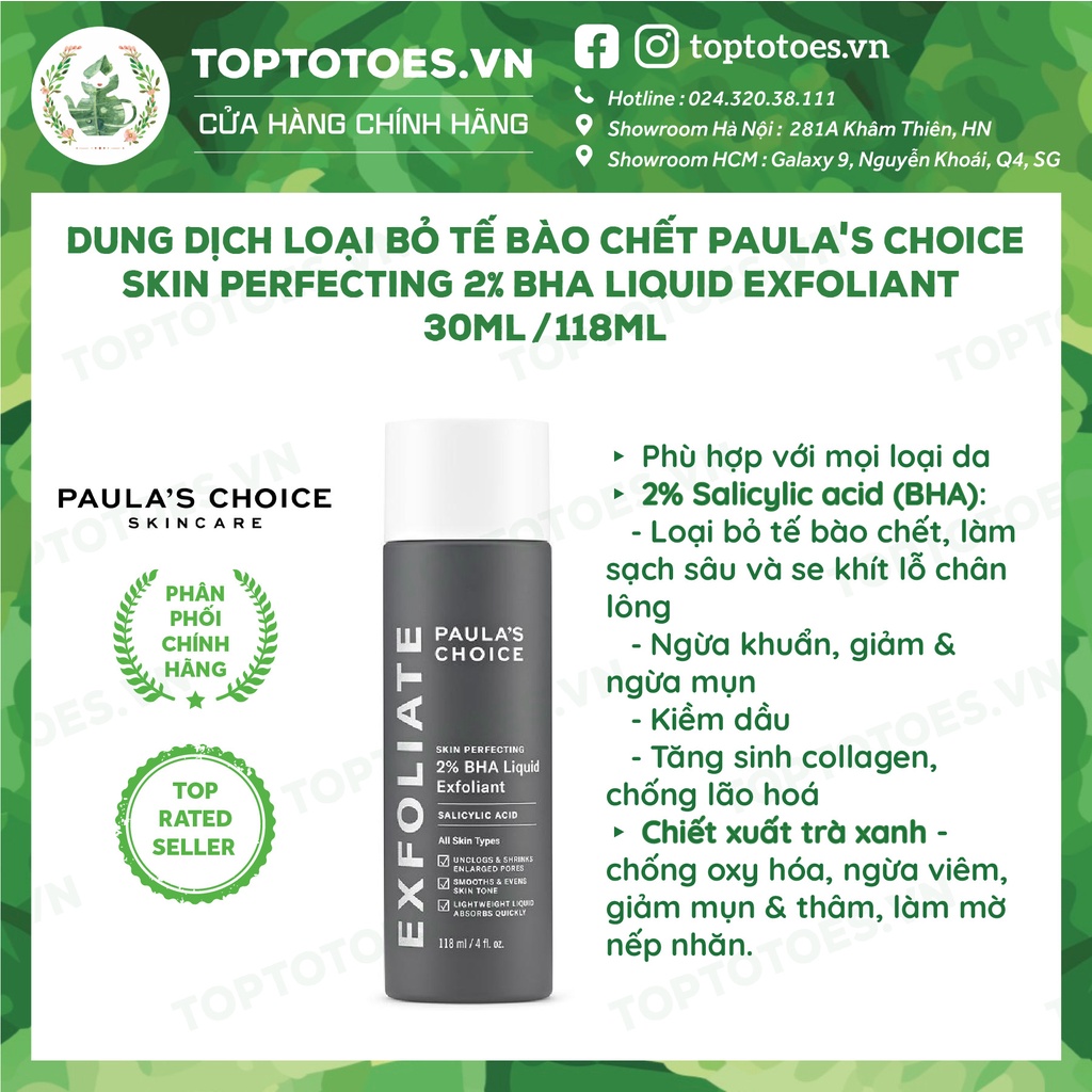 Dung dịch loại bỏ tế bào chết Paula's Choice 2% BHA Skin Perfecting Liquid Exfoliant 30ml & 118ml [NHẬP KHẨU CHÍNH HÃNG]