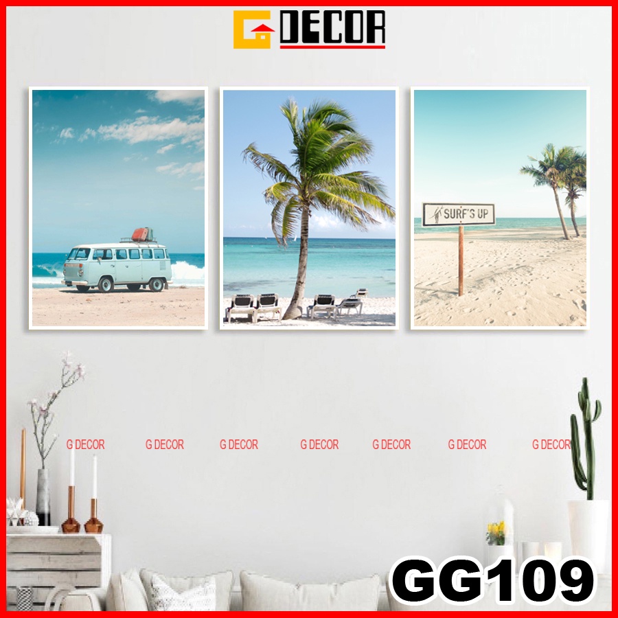 Tranh treo tường canvas khung gỗ 3 bức phong cách hiện đại Bắc Âu tranh biển trang trí phòng khách phòng ngủ spa 109