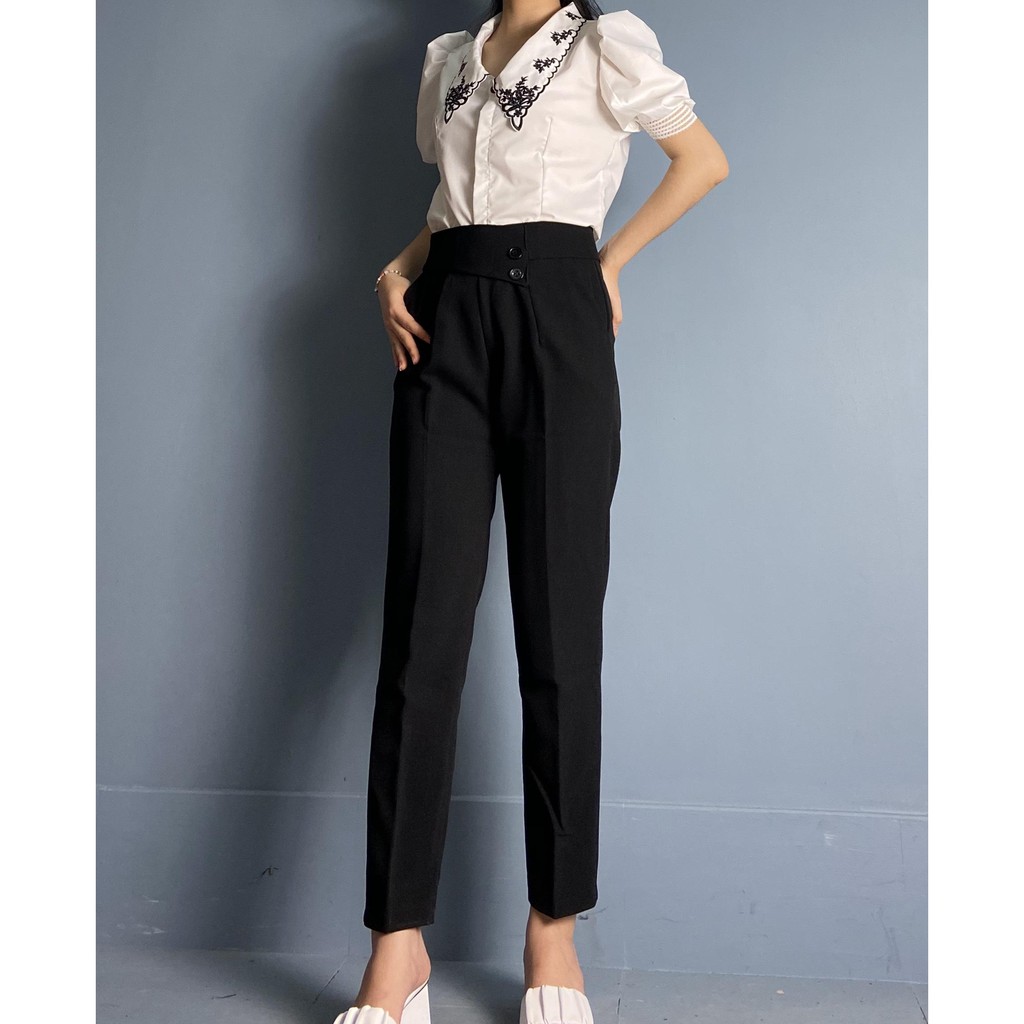 Quần baggy 2 cúc vạt lệch khóa sườn