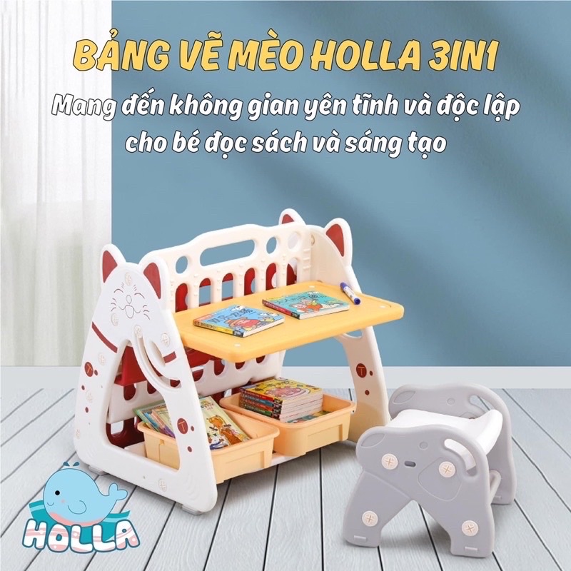 Bảng vẽ mèo Holla 3in1 bảng vẽ đa năng làm giá sách, bàn học, bảng vẽ cao cấp cho bé