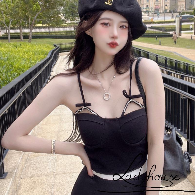 Áo Hai Dây Mini Hai Dây Màu Trơn Đính Nơ Đính Đá Thời Trang Mùa Hè Dành Cho Nữ