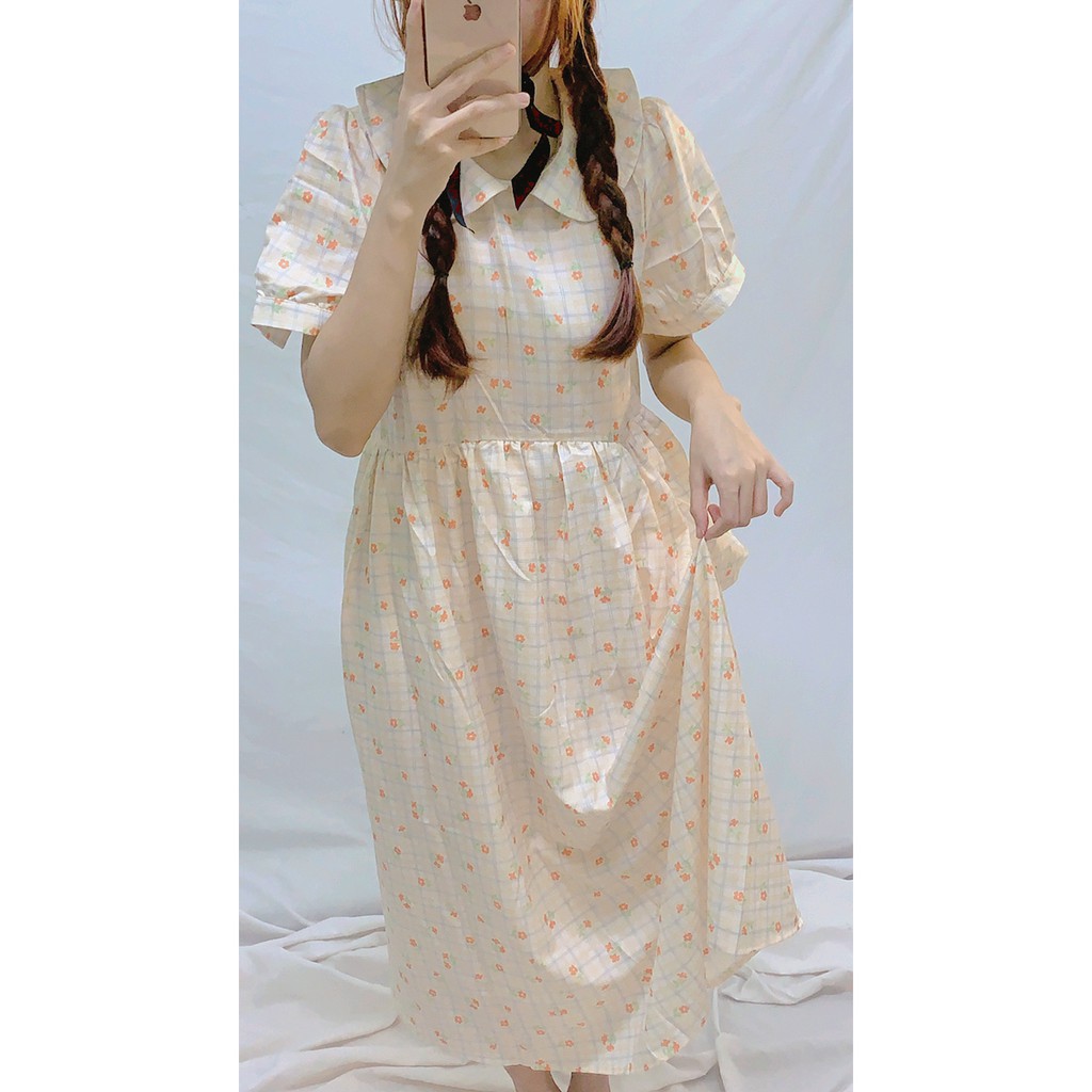 [CÓ SẴN] Florence Dress - Đầm Dài Midi Cổ Sen Kẻ Sọc Caro Hoạ Tiết Hoa Nhí Ulzzang