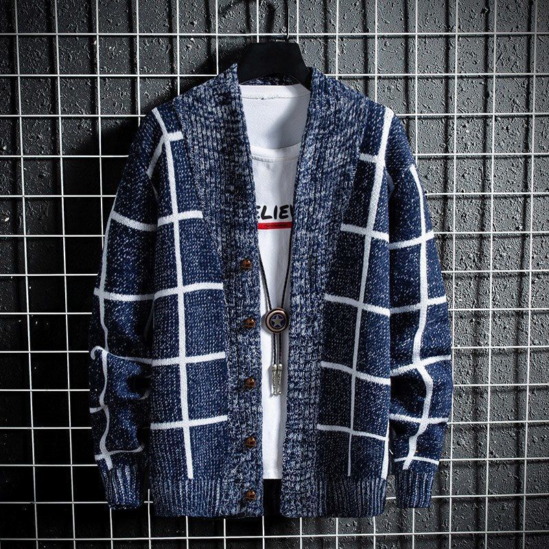 Áo khoác cardigan dệt kim kẻ sọc caro trẻ trung thời trang thu đông phong cách Hàn Quốc cho nam