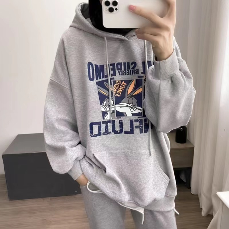 Áo Hoodie Tay Dài Form Rộng Họa Tiết In Theo Phong Cách Preppy Dễ Phối Đồ