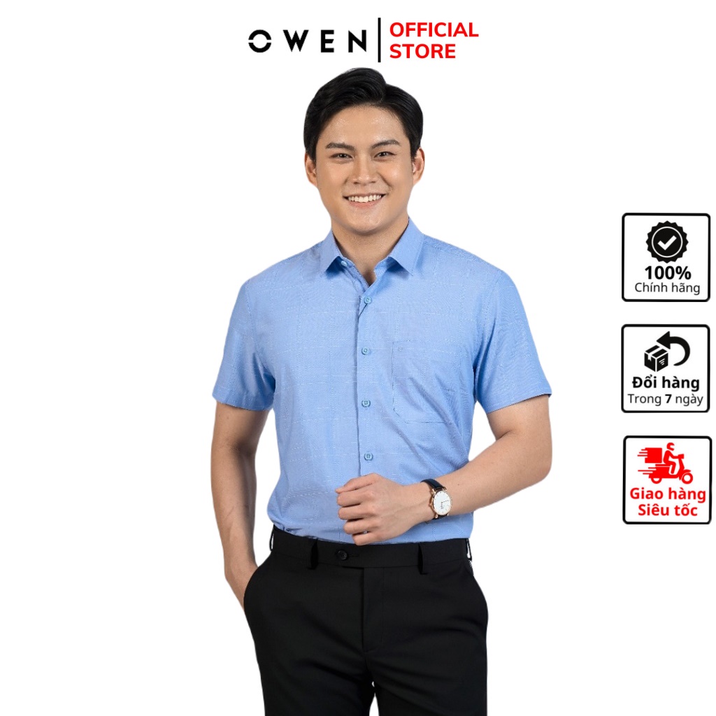 Áo sơ mi nam ngắn tay OWEN AR220024NT somi công sở vải sợi tre cao cấp màu xanh xước trắng dáng suông tà lượn có túi