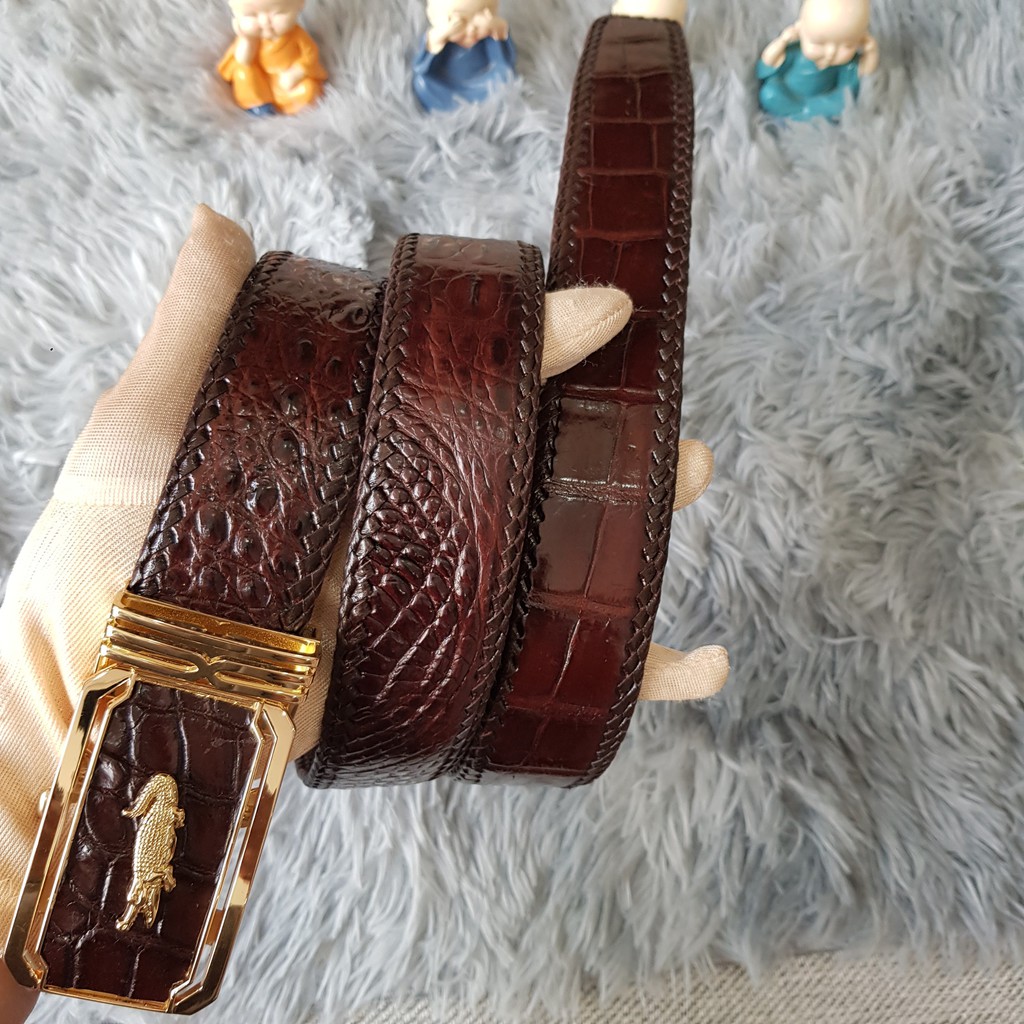 Dây Lưng Cá Sấu Đan Viền Thủ Công 4.0cm I Dây Lưng Da Cá Sấu Đan Viền Da Bụng Liền Nguyên Con, Màu Nâu I Bảo Hành 24 Thá