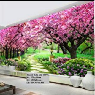 Tranh thêu phong cảnh rừng cây màu tím( con đường tình yêu