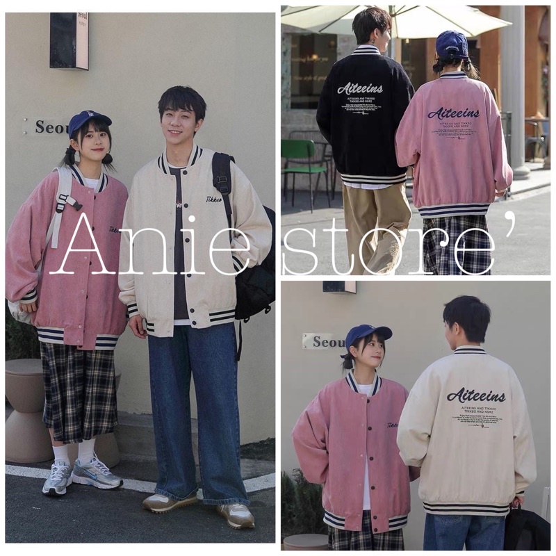 Áo Khoác BomBer Nhung TICKER Phối Kẻ 🦋 Áo Jacket Nam Nữ Thêu Chữ Phối Kẻ 3 Màu 🦋