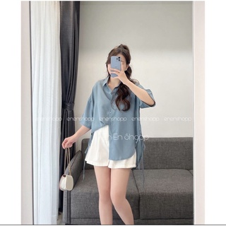 Áo sơ mi lụa cộc tay thắt dây eo cá tính, độc đáo