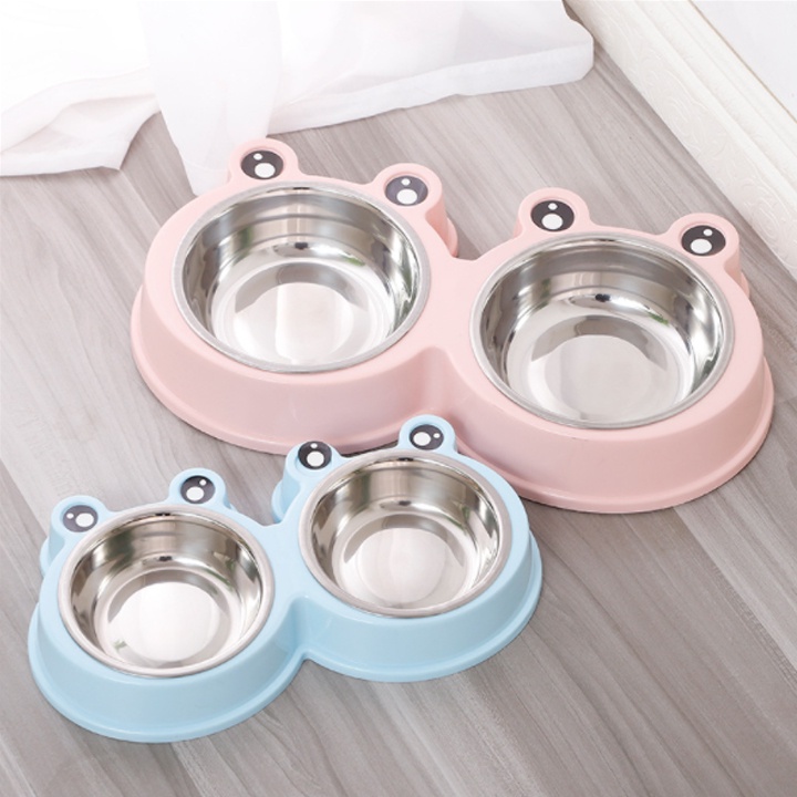 Bát Ăn Đôi Cho Chó Mèo Hình Ếch Inox Tháo Rời