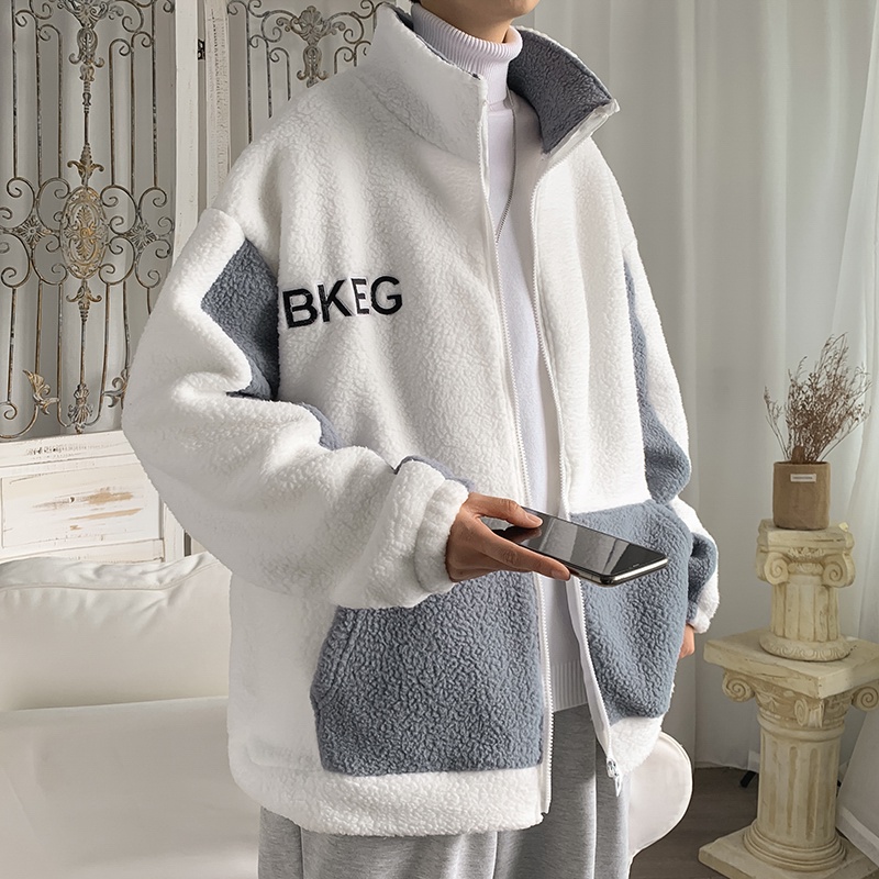 Áo khoác len lông cừu cổ đứng dáng rộng đơn giản thời trang mùa đông Nhật Bản cho nam