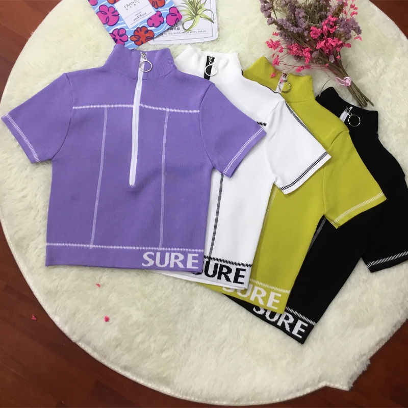 Áo Thun Đen Ngắn Tay Cổ Polo Phối Khóa Kéo Eo Cao Thời Trang Mùa Hè Dành Cho Nữ