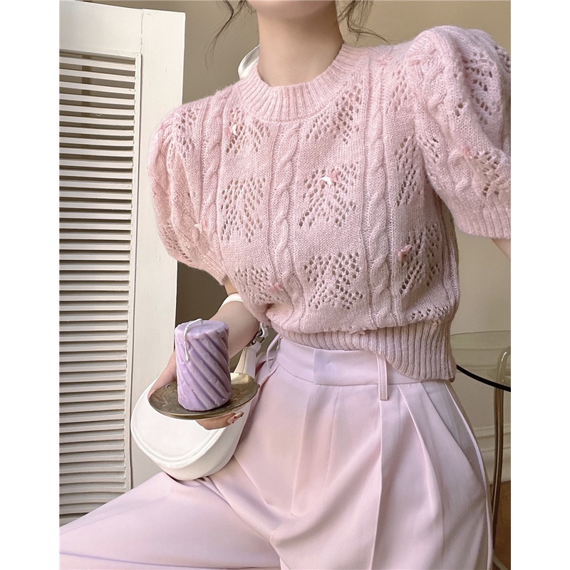 NUZIRO  Áo kiểu  dệt kim tay ngắn phồng trẻ trung thời trang dành cho nữ