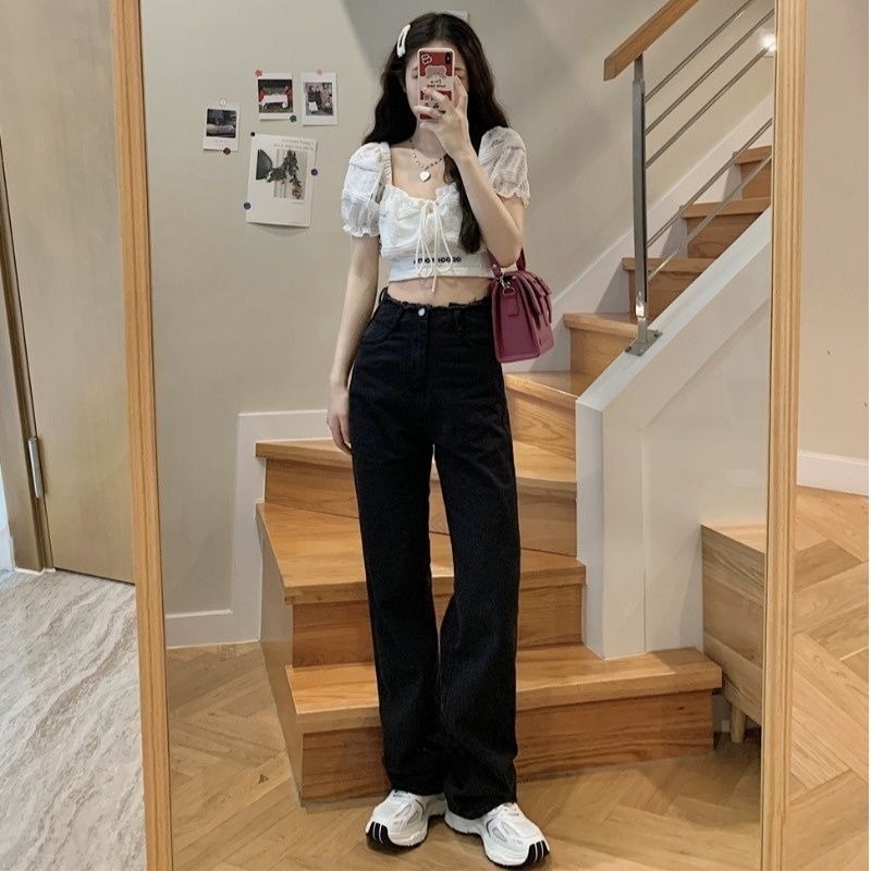 Đầm Ngắn Tay Phồng Cổ Vuông Eo Cao Phối Ren Thời Trang Mùa Hè Cho Nữ