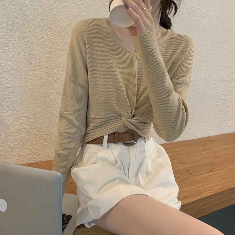 Áo sweater ZHELIHANGFEI tay dài cổ chữ V eo cao quyến rũ dễ phối đồ