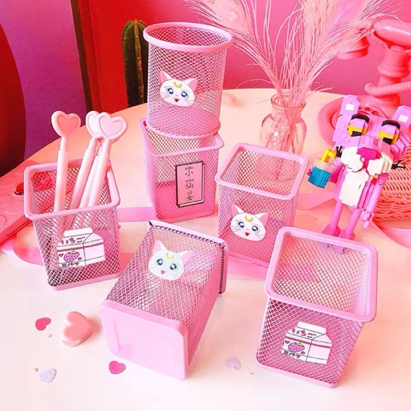 Giỏ đựng bút để bàn bằng sắt màu hồng pastel - Giỏ sắt sơn tĩnh điện đựng đồ dùng văn phòng phẩm tiện ích