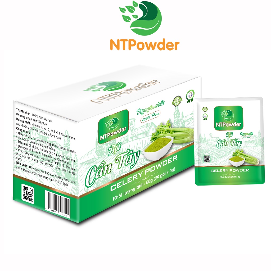 [Hộp 20 gói x 3g] Bột Cần Tây sấy lạnh nguyên chất NTPowder 60g - Nhất Tín Food