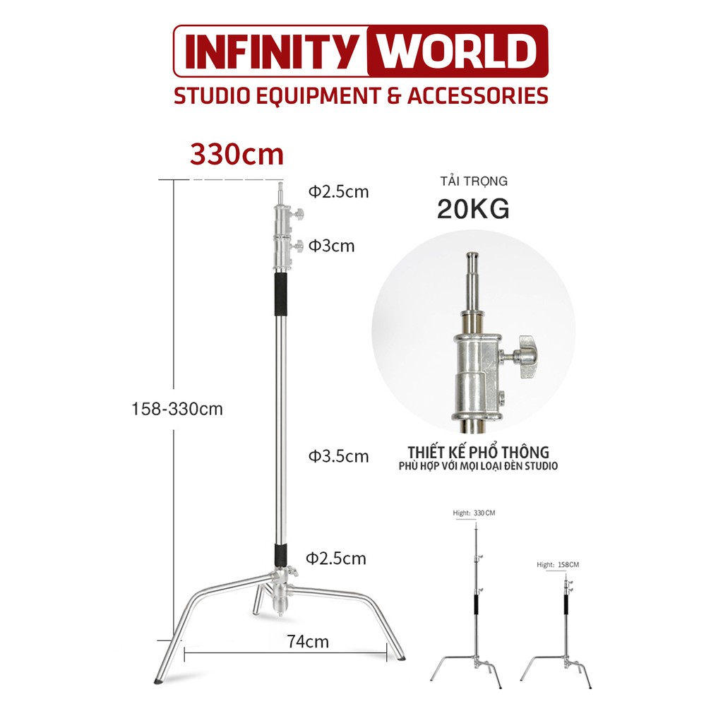 Chân đèn C Stand kim loại &amp; boom treo đèn cao cấp, tải trọng cao (330cm)