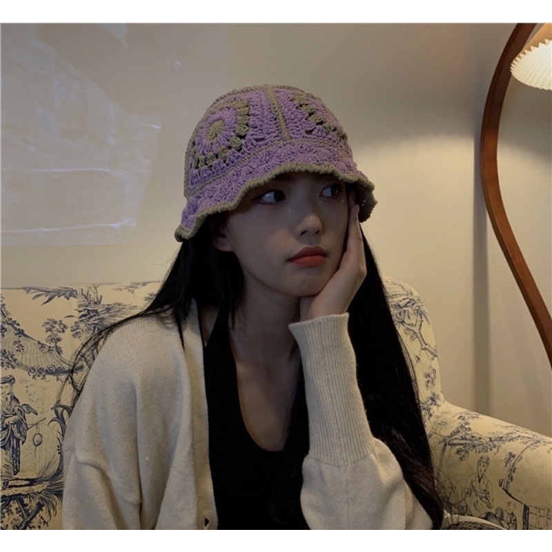 Nón bucket len móc cao cấp hoa cúc lớn