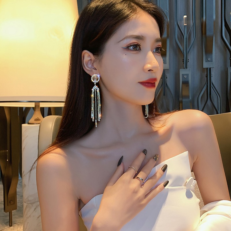 Bông tai thiết kế hình quạt tròn tua dài mạ vàng_M1252