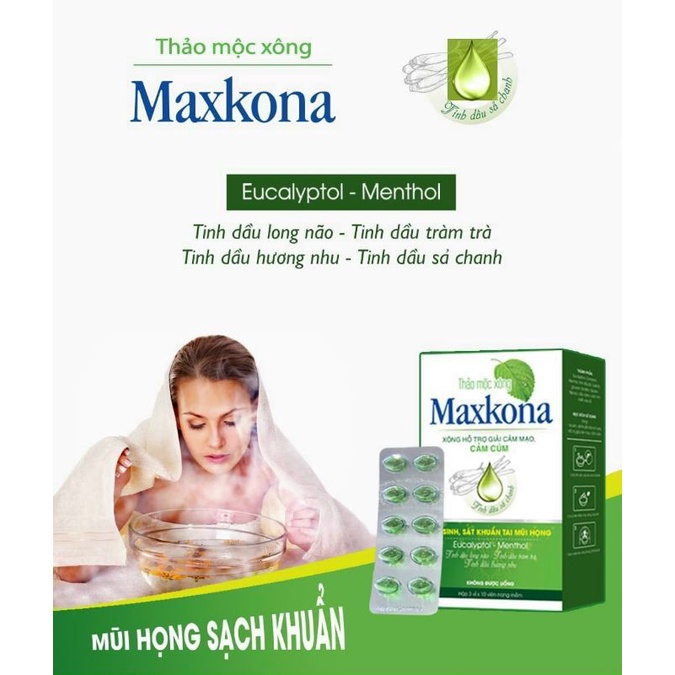 Viên xông tinh dầu, thảo mộc xông Maxkona hỗ trợ giải cảm mạo, cảm cúm hộp 30 viên