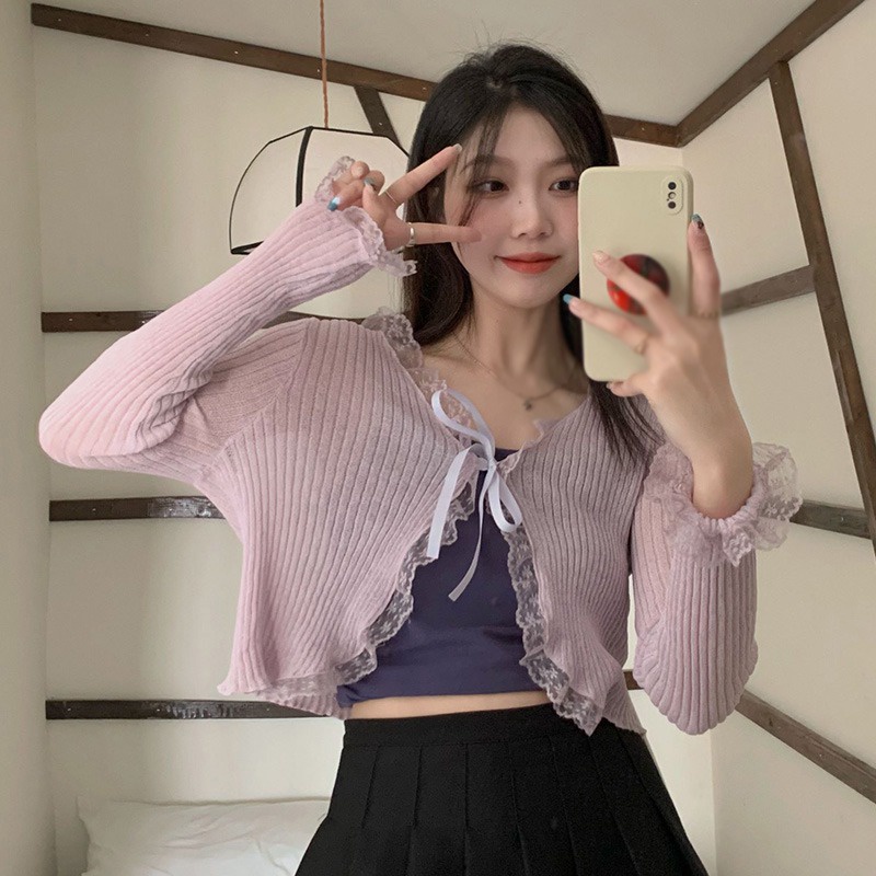 Áo Croptop Tay Dài Thiết Kế Cột Dây Phong Cách Hàn Quốc Cho Nữ