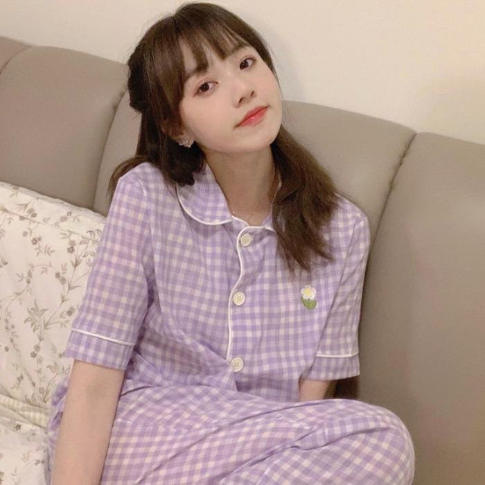 Bộ Đồ Ngủ Ngắn Tay Hoa Văn Kẻ Ô Ngọt Ngào Phong Cách Nhật Bản