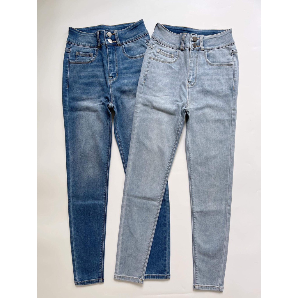 Quần skinny jeans CHICMONKI quần bò ống ôm lưng cao 2 nút xanh nhạt chất liệu co giãn mềm mại CMJ1065