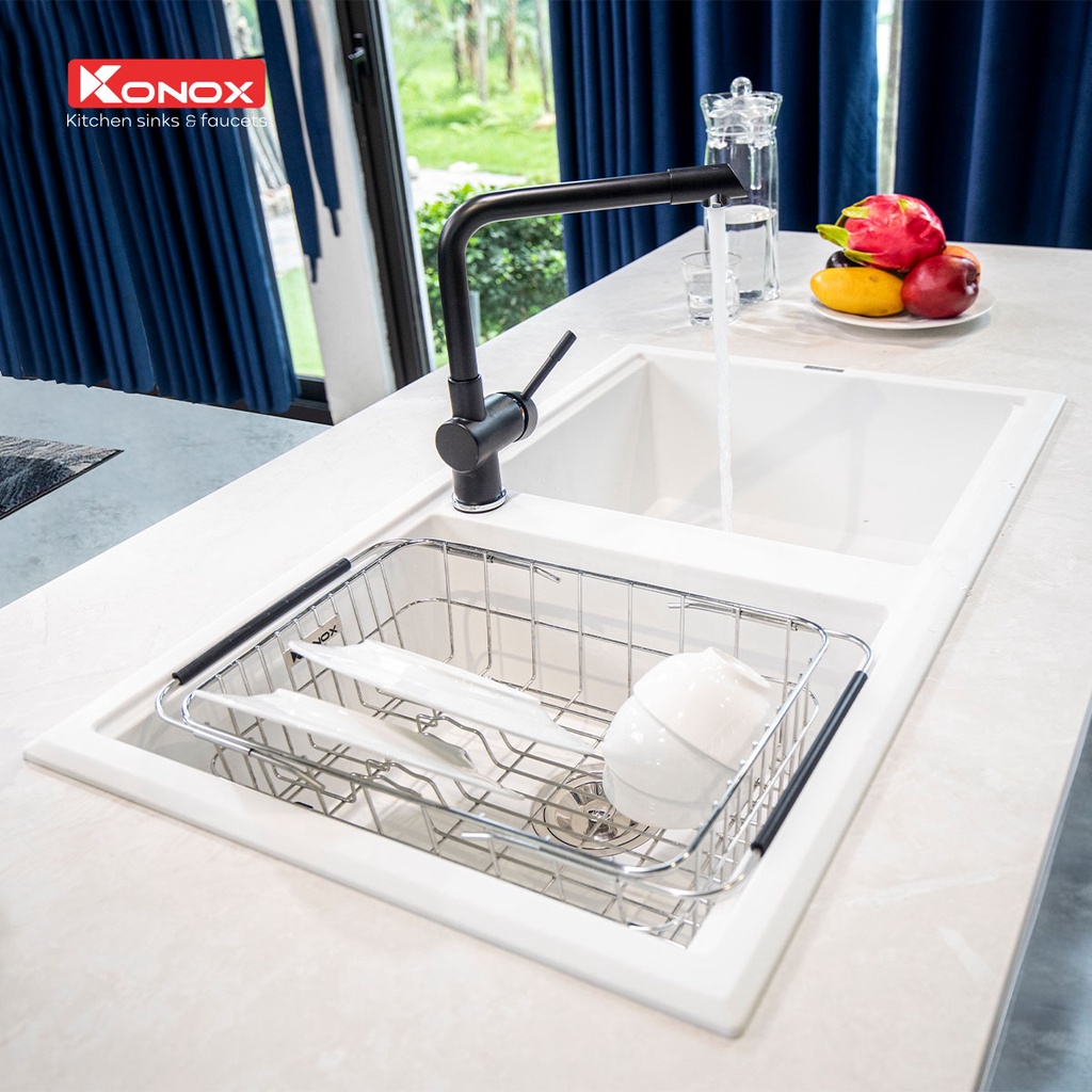 Chậu rửa bát đá KONOX Granite Series Phoenix 860 White Silver, Made in Italy, Full set gồm Siphon + Giá úp bát inox