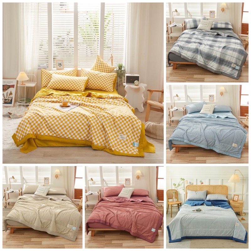 Bộ Drap - Chăn Hè Cotton Tici Kẻ Hàn Quốc 5 Món (ẢNH THẬT)