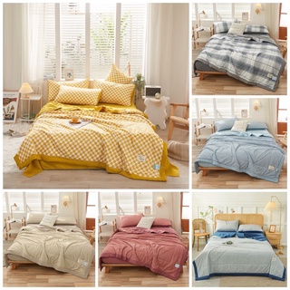 Bộ drap - chăn hè cotton tici kẻ hàn quốc 5 món