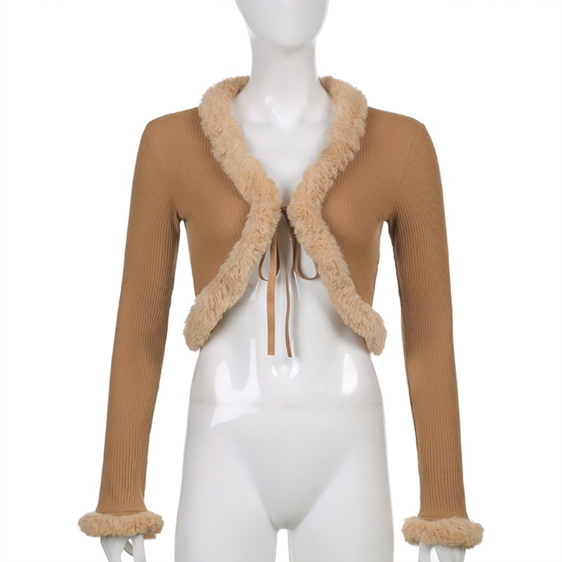 Áo Khoác Cardigan Dệt Kim Tay Dài Viền Lông Giả Màu Trơn Cột Dây Phía Trước Thời Trang Cho Nữ