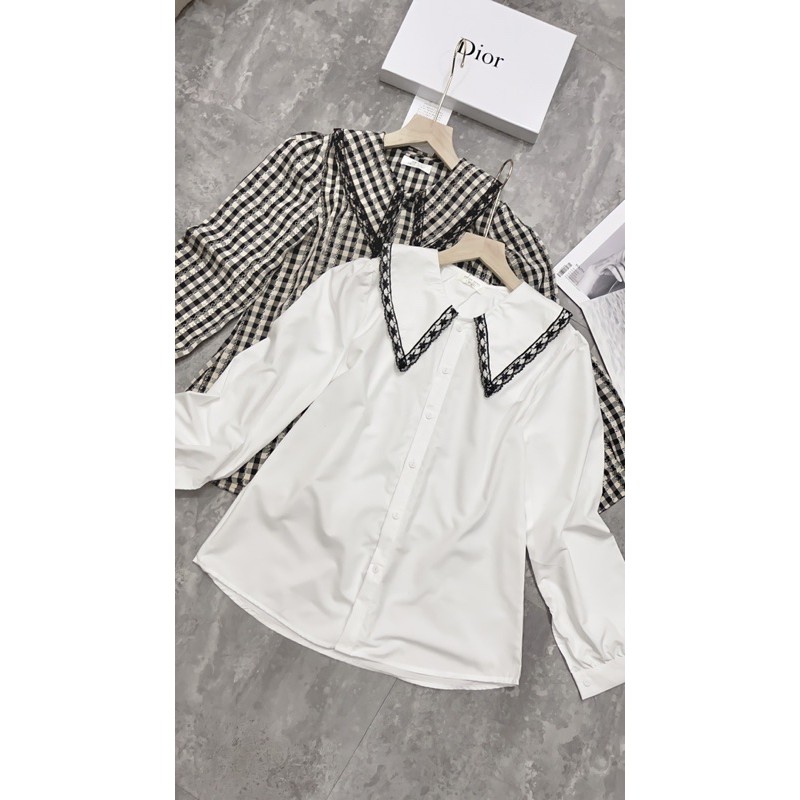 ANU138 - ÁO SƠ MI NỮ PHỐI CỔ BẺ VIỀN REN ĐEN