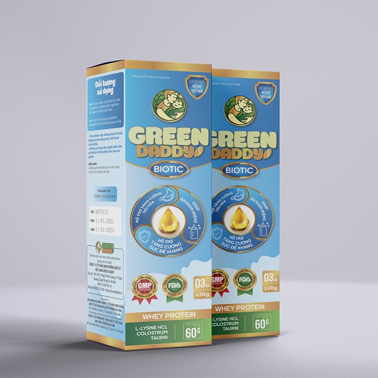 Sữa non Green Daddy biotic, sữa non tinh chất cần tây dành cho trẻ biếng ăn, táo bón, tiêu hóa kém, hộp 3 gói x 20g